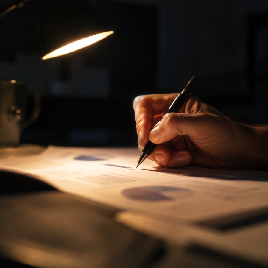 Main annotant un rapport imprimé sous une lampe de bureau chaude, la nuit
