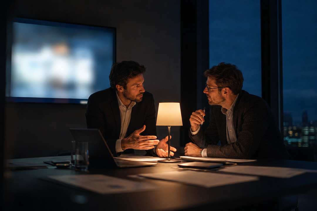 Deux consultants en soirée dans une salle sombre, lampe chaude sur la table, rapports imprimés