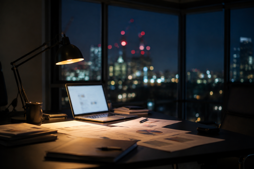 Bureau de nuit : lampe de bureau éclairant des rapports imprimés sur un bureau sombre, lueur d'ordinateur et lumières de ville en fenêtre